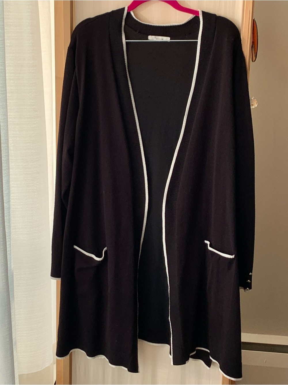 Long Black Open Front Cardigan w. White Trim XL